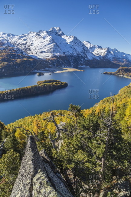 Lake Sils and Piz la Margna covered in snow near St. Moritz, Graubunden, Swiss Alps