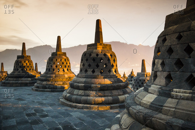 Sunrise at the Buddhist stupa and temple complex, Borobudur, Indonesia