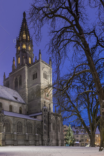 Baden-Wuerttemberg, Germany - December 28, 2014: View to Konstanz Minster in the evening, Baden-Wuerttemberg