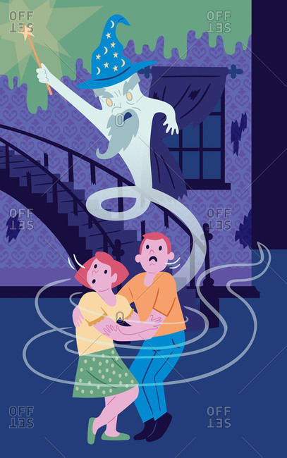 An illustration of a couple frightened by a ghost