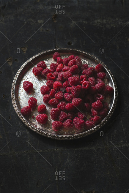 Fresh raspberries on a tray