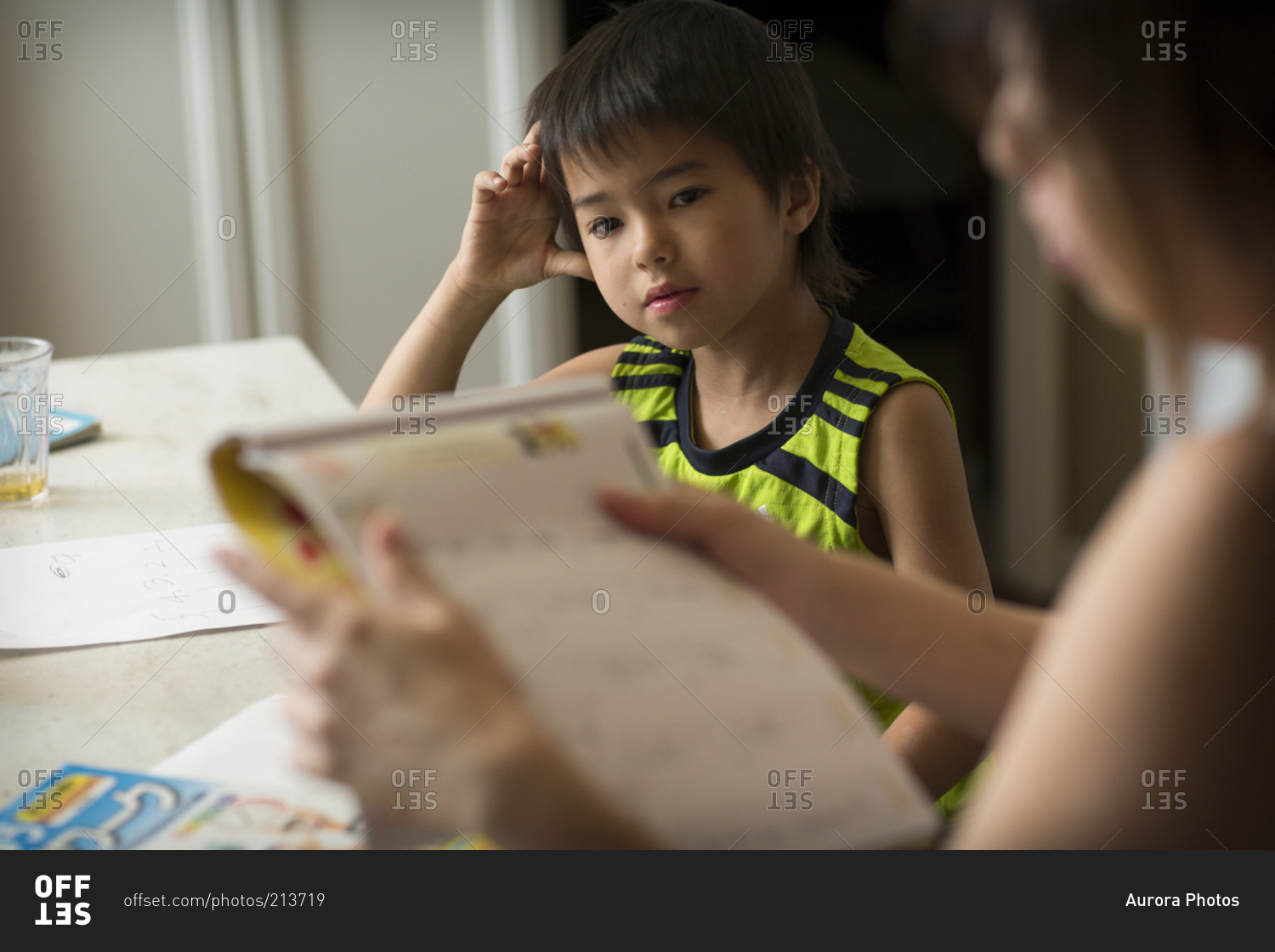 Japanese boy studies Japanese homework