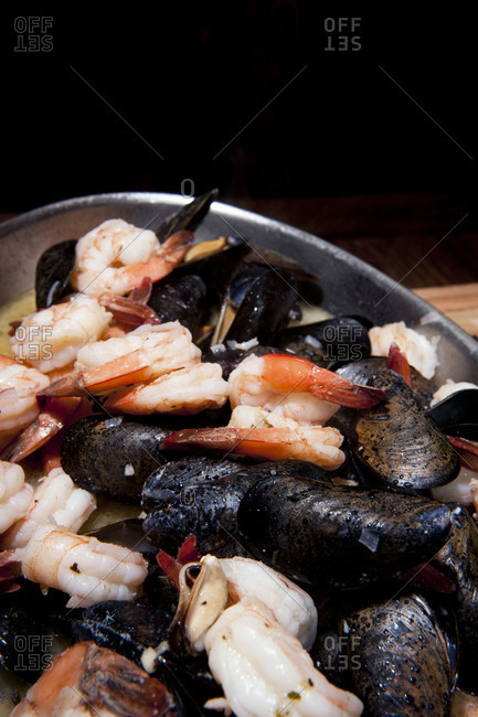 A tray of cooked seafood