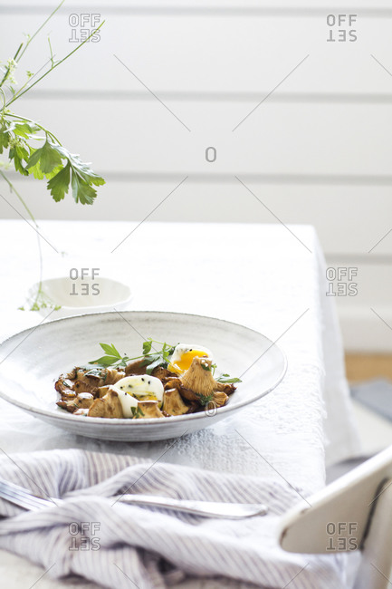 Mushroom and eggs served on a table