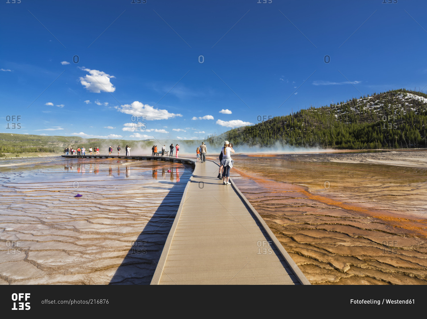 Tourists on footbridge before Grand Prismatic Spring, Yellowstone National Park