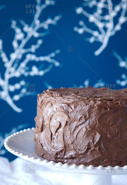 Chocolate frosted cake on a white cake plate