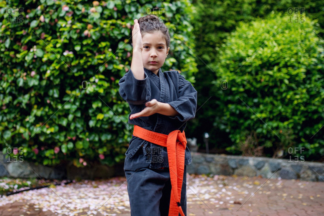 A girl strikes a karate pose