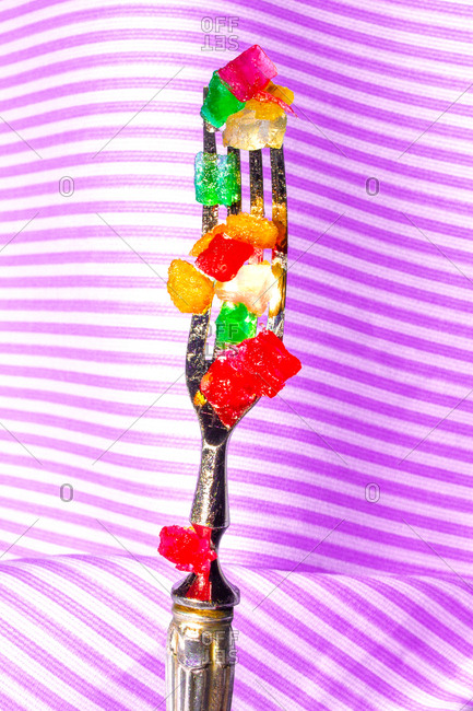 A fork covered with gummy candies