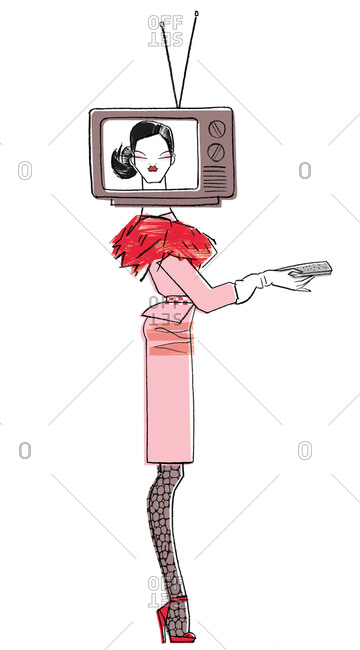 Woman's head in TV as she holds remote