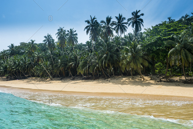Remote tropical beach the UNESCO Biosphere Reserve Principe, Sao Tome and Atlantic Ocean, Africa stock - OFFSET