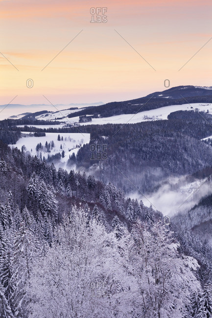 View from Black Forest Highway to Glottertal Tal Valley at sunset, Black Forest, Baden-Wurttemberg, Germany