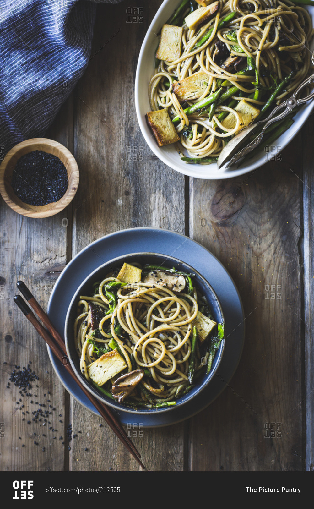 Sesame noodles with tofu and vegetables from above