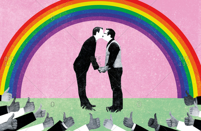 Same-sex couple kissing under a rainbow