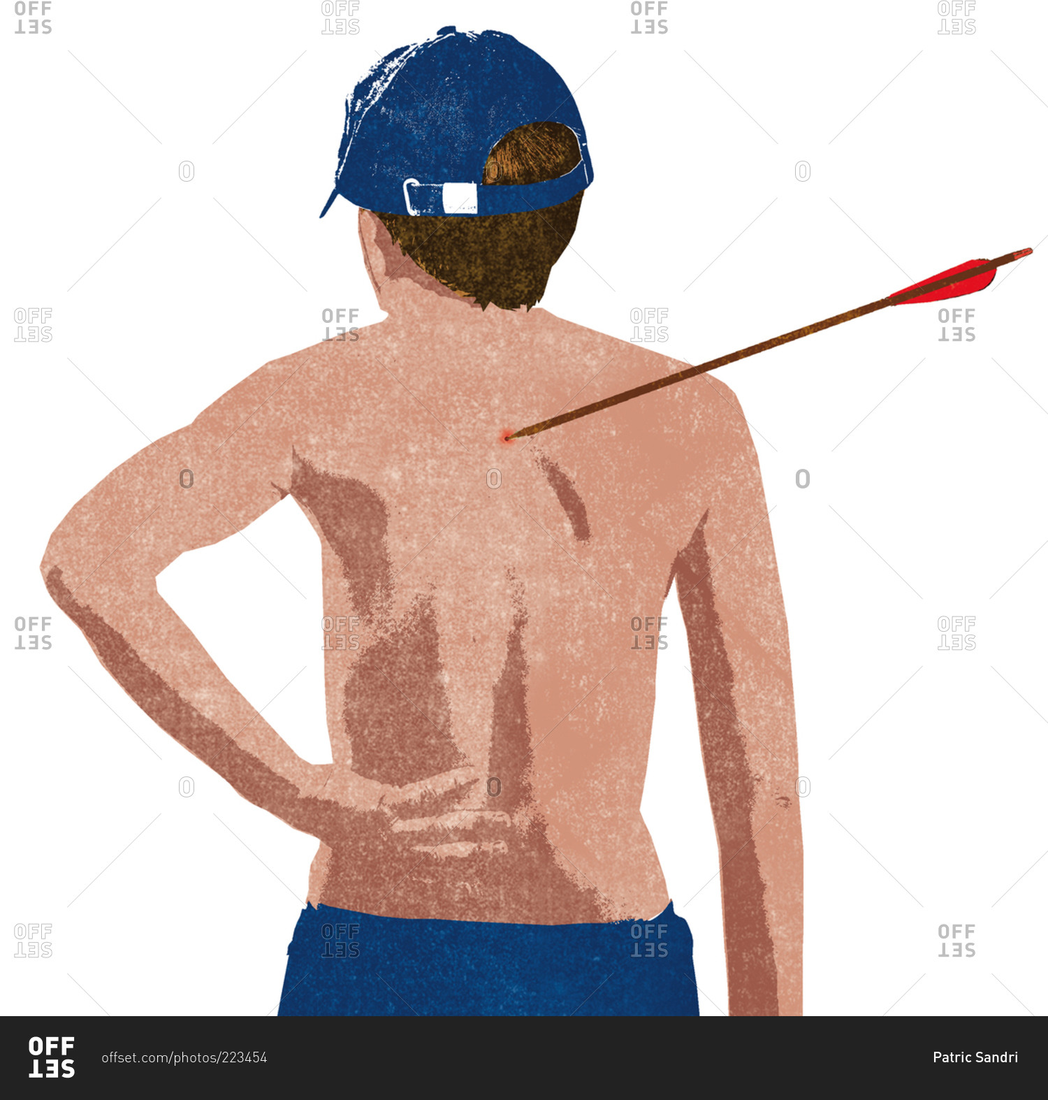 Young boy with an arrow in his back stock photo - OFFSET