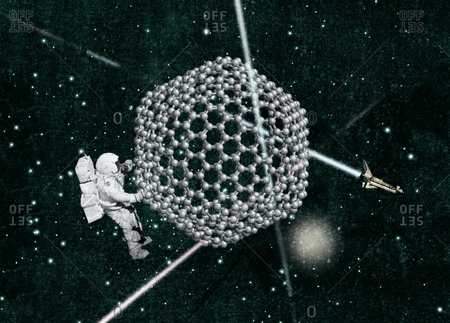 Astronaut holding onto a molecule in the space
