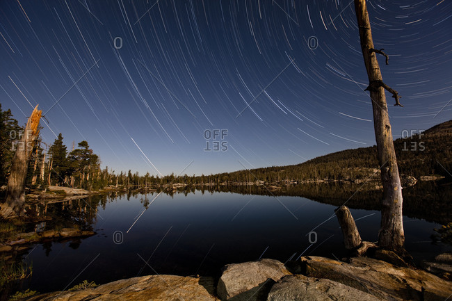 Star trails over Middle Velma Lake, Desolation Wilderness, Lake Tahoe