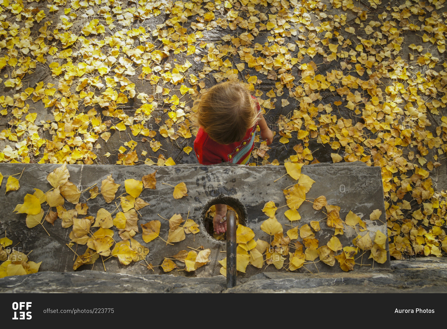 Baby girl playing with water in the fountain in a autumn scape