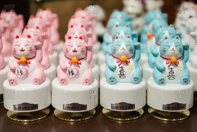 Sumiyoshi, Japan - January 12, 2015: Maneki-neko figurines in Sumiyoshi