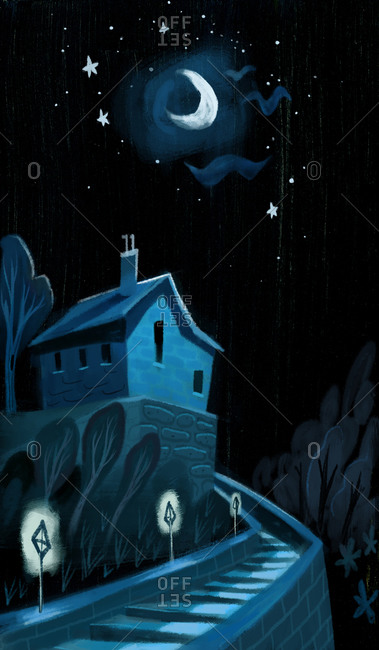 House under crescent moon at night