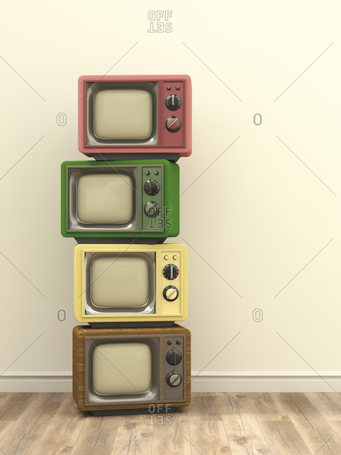 Illustration of old TV sets stacked on one another