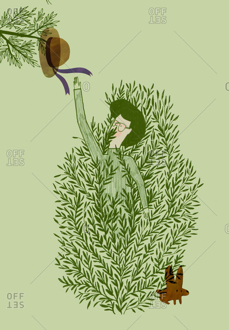 Person reaching for a hat in a tree