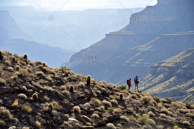Hikers follow a route along the Colorado River that connect Tapeats Creek and Thunder River to Deer Creek in the Grand Canyon