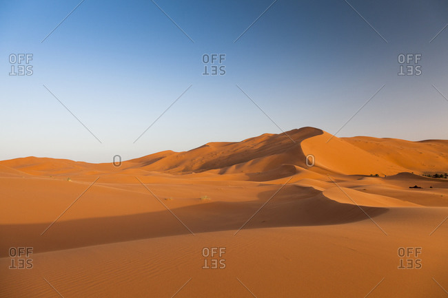 Sunrise on the red sand dunes in the Sahara desert at Erg Chebbi, Merzouga Morocco