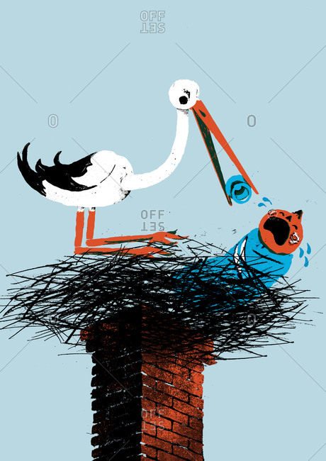 Stork giving a pacifier to a crying baby