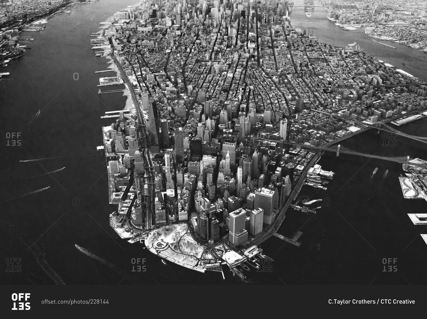 Bird's eye view of Manhattan in black and white, NYC, USA stock photo ...