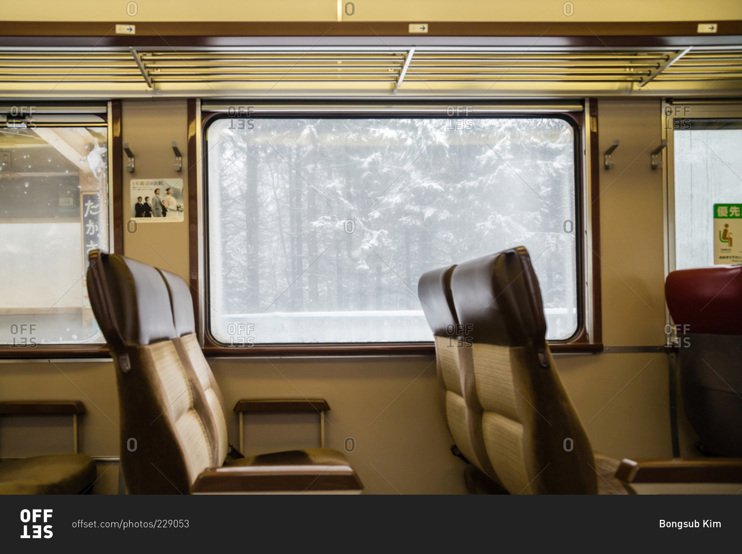 Winter forest view from inside train window, Ebetsu stock photo OFFSET