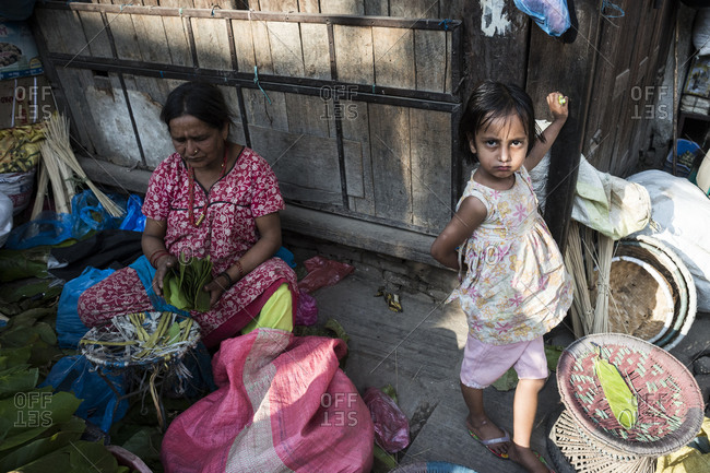 Kathmandu, Nepal - June 2, 2014: An old woman sorts leaves with her granddaughter, Nepal