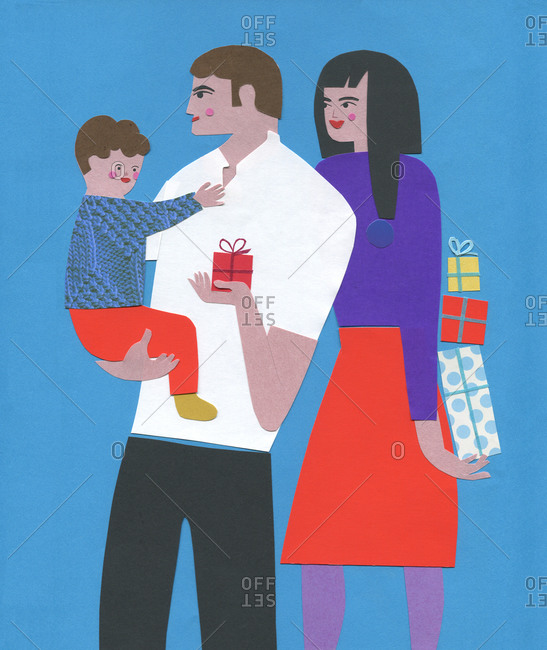 Parents holding gifts and child