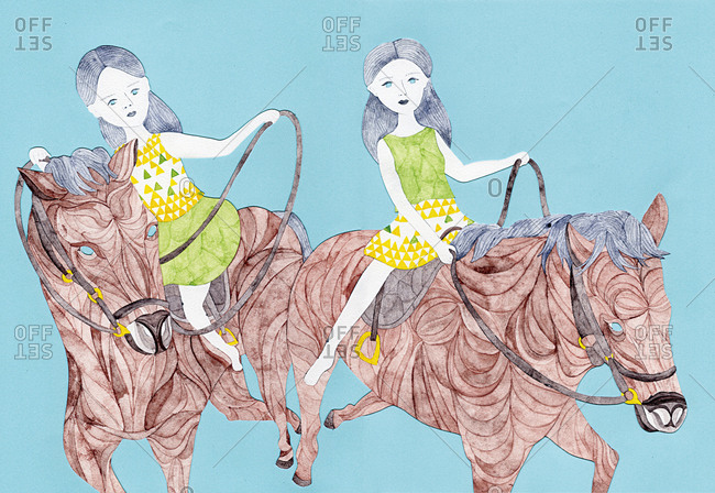 Two women riding horses