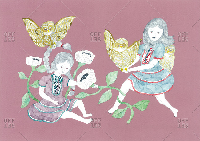 Two girls with owls and white flowers