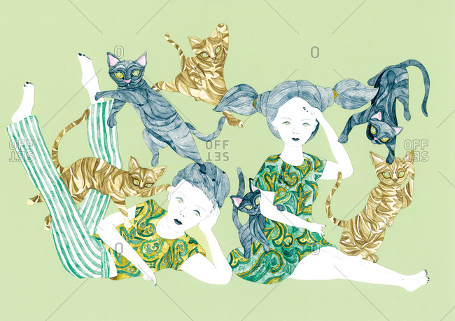 Couple surrounded by their six cats