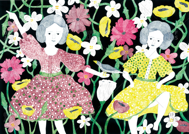 Two dancing girls and a bird among entwined flowers on black background