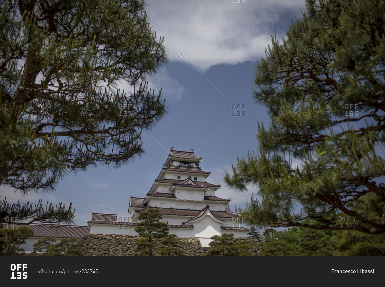 White Aizuwakamatsu Castle on hill in Japan