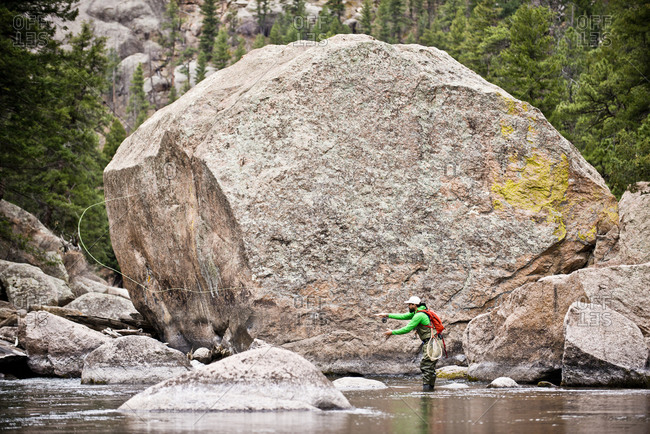 Action shot of a fly fisherman in Cheeseman Canyon, Colorado