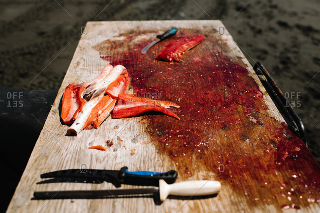 Bloody cutting board after cleaning fish