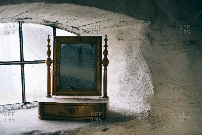 Antique Mirror In An Old Barn Window Stock Photo Offset