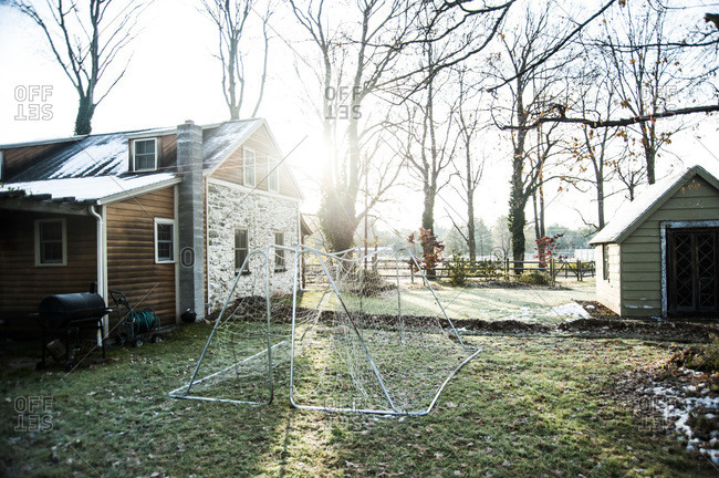Soccer nets outside of a farmhouse