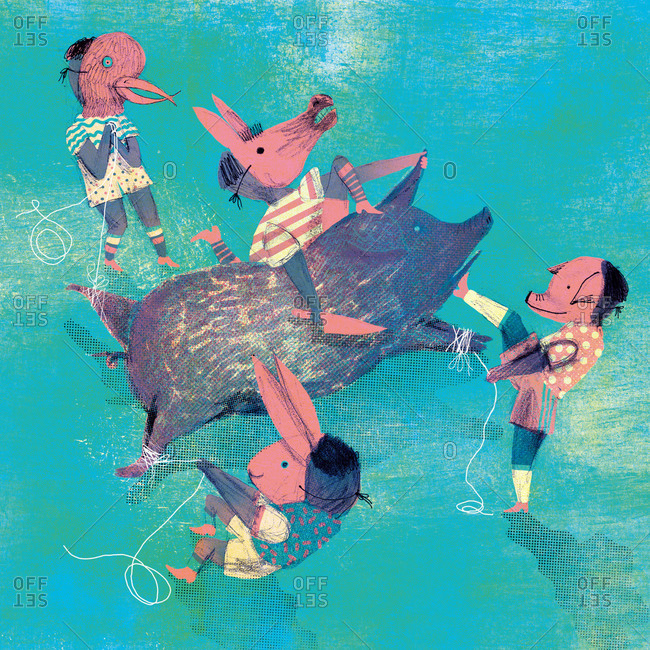 Children in animal masks tying up a pig