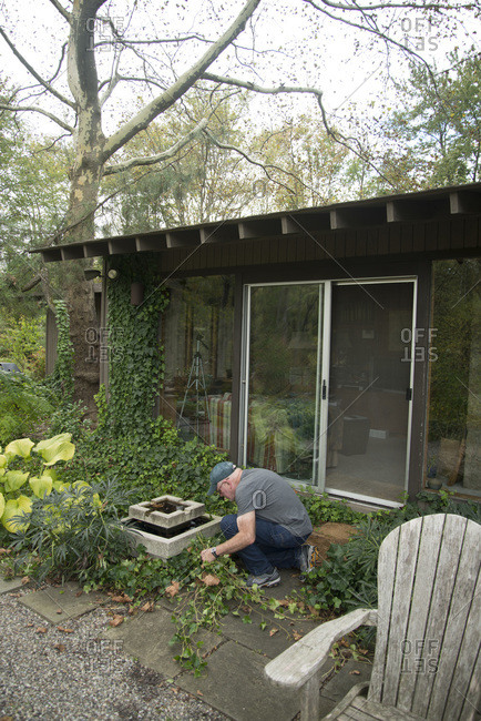 Kingwood Township, New Jersey - March 16, 2000: James Golden trimming ivy in his yard