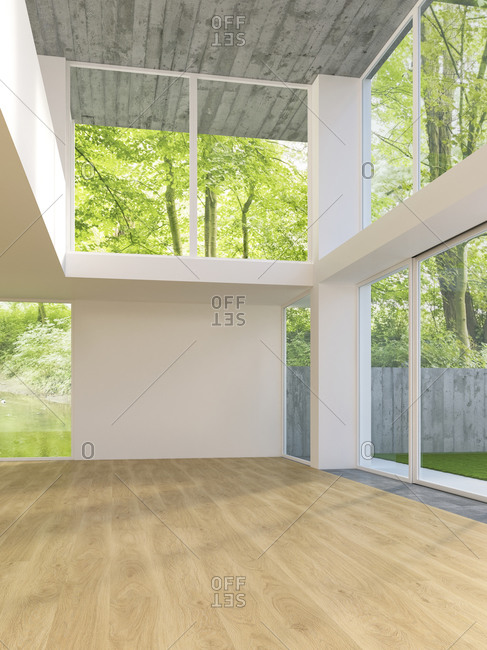 3D Rendering of modern home interior with view to garden