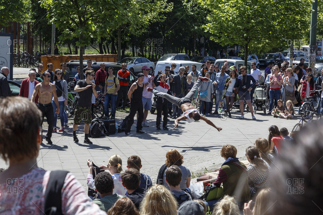 May 24, 2015: People watching a breakdance performance in Mauerpark, Prenzlauer Berg, Berlin, Germany