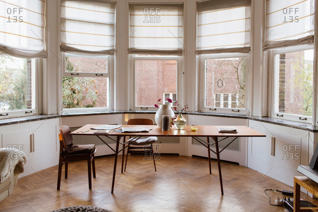 A Danish Dining Table In Bay Window, Bay Window Dining Room Furniture