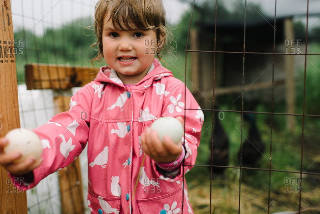 Little girl showing collected chicken eggs