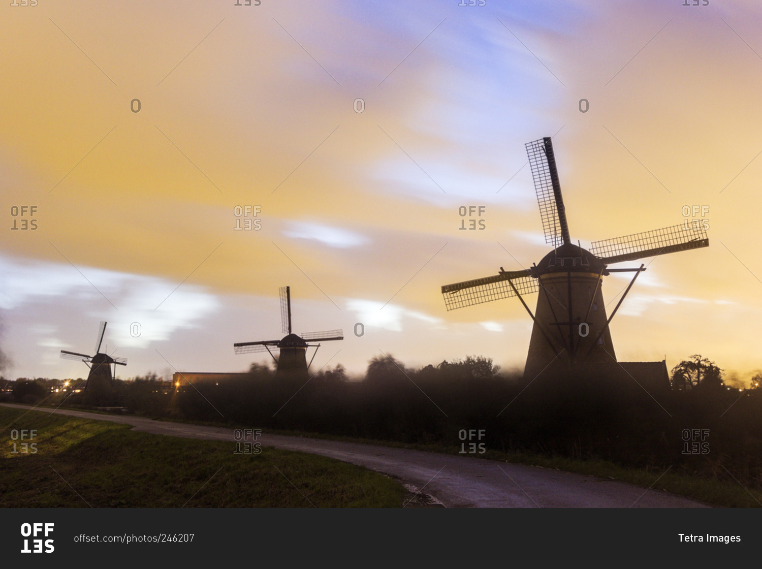 Traditional windmills at sunset