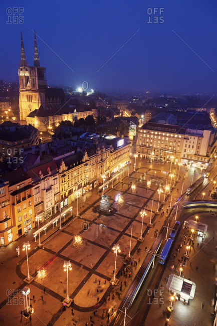Elevated view of Ban Jelacic Square at night, Zagreb