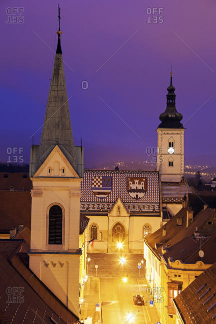 Illuminated St. Mark's Church and Cathedral of Sts. Cyril and Methodius, Zagreb